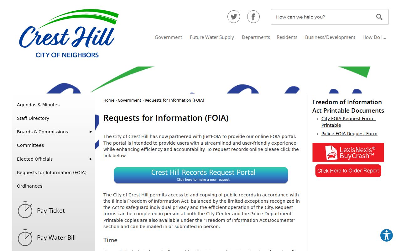 Crest Hill FOIA guidance for requesting city-held resident and address records