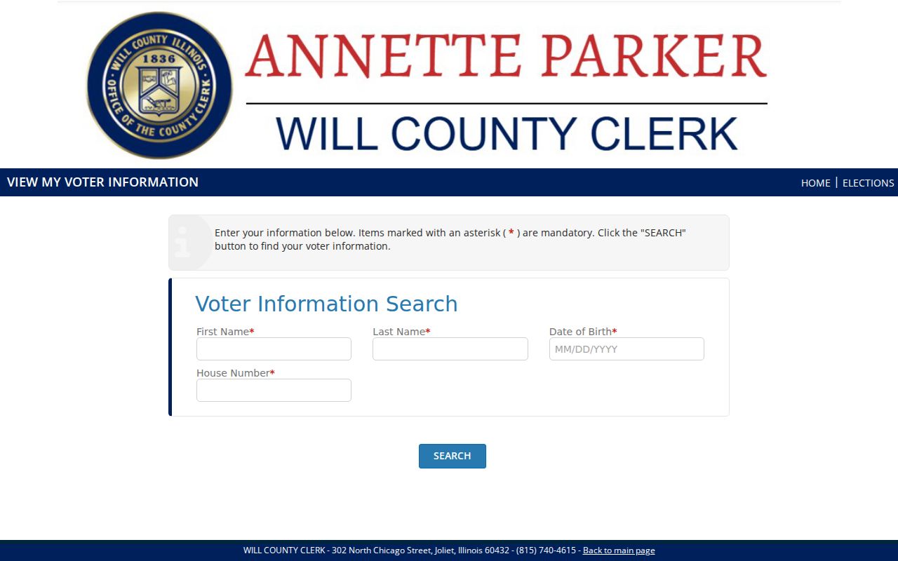 Will County voter lookup form requiring identity and Crest Hill address details