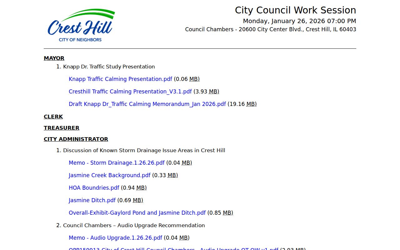 Crest Hill meeting record with HOA boundary attachment used for neighborhood research