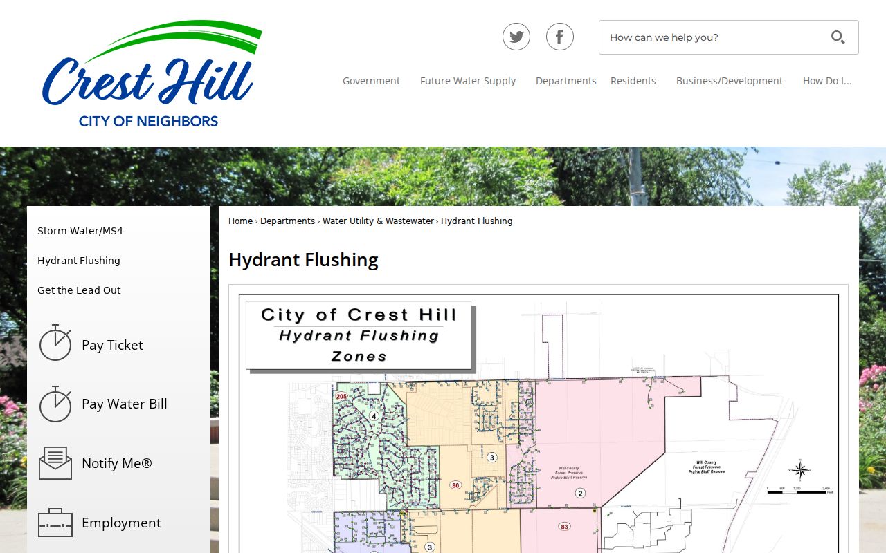 Crest Hill seven-zone hydrant flushing page with local street and neighborhood names