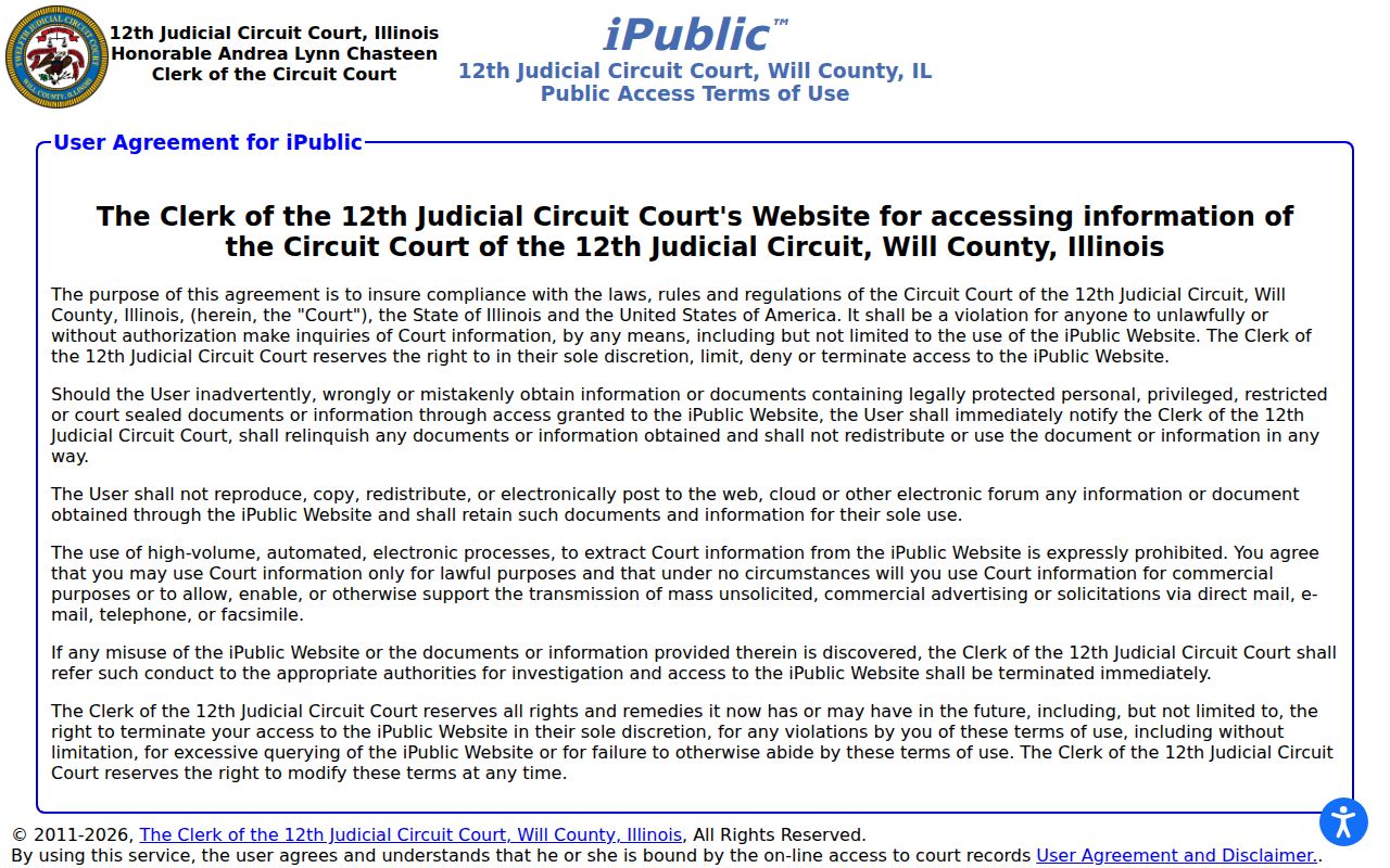 Will County iPublic gateway for Crest Hill court searches