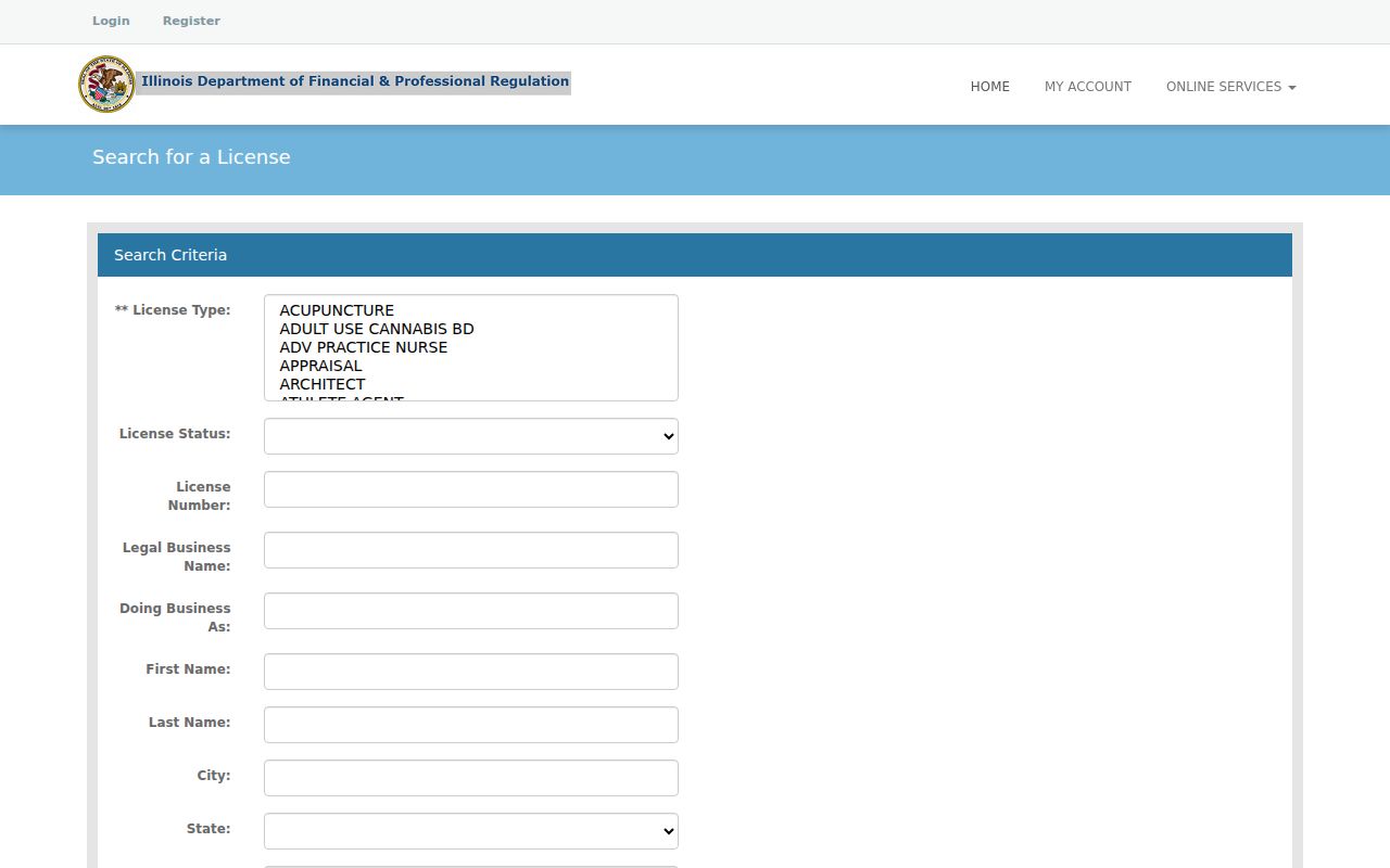 Illinois professional license fields for a Crest Hill lookup