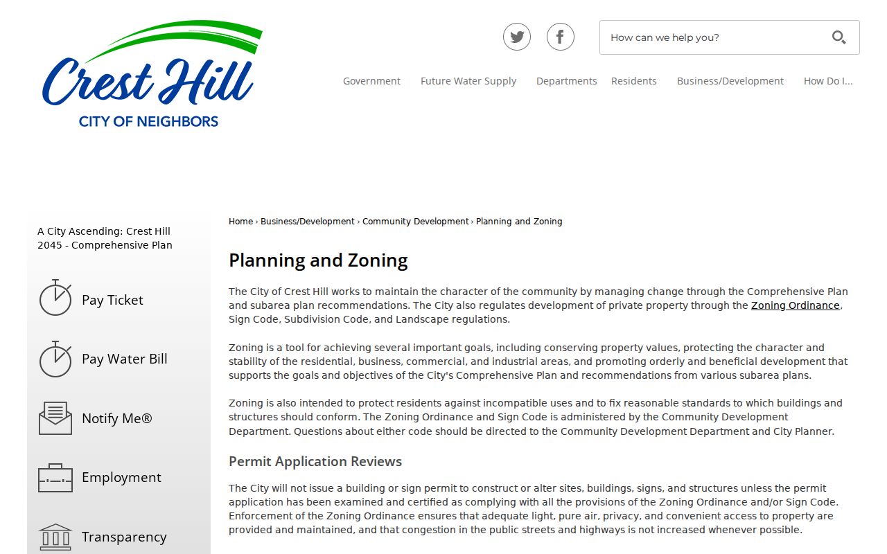 Crest Hill street directory planning and zoning page